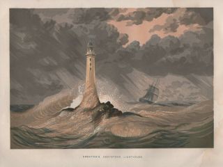Antique 1845 Print Victorian Lighthouse Eddystone Devon Cornwall Shipwreck Sea N
