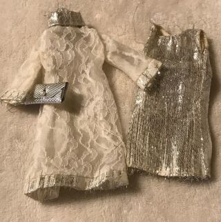 Vintage Barbie Clone Clothes Silver Metallic White Lace Dress & Purse