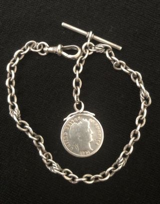Lovely Antique English Ladies Sterling Silver Watch Chain With Coin Fob & T Bar