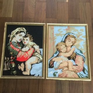 Vintage French Tapestries,  Framed,  Virgin Mary And Baby.  Set Of 2 Tapestries