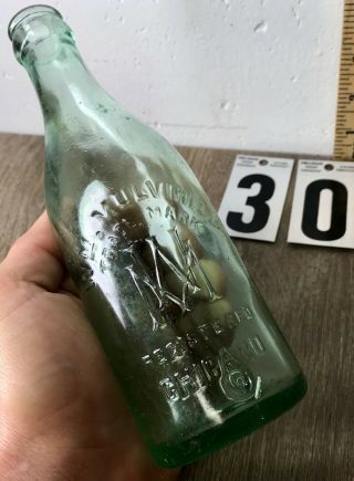 Wm Mulvihill Chicago Glass Bottle Root Beer Crown Top Soda Aqua Embossed Antique
