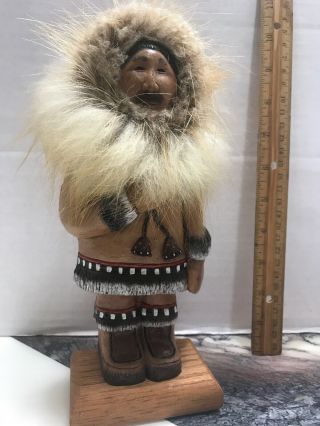 Vtg.  Eskimo Wood Doll Real Fur Muth Palmer Alaska Handcrafted Princess Cruise