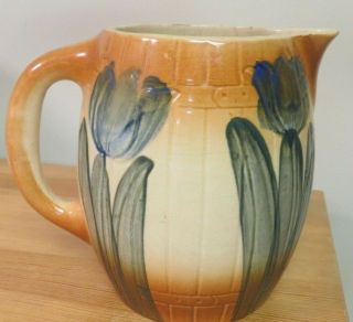 Antique Vintage Roseville Pottery Hand Glazed Barrel Pitcher Blue Tulip