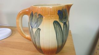Antique Vintage ROSEVILLE Pottery Hand Glazed Barrel Pitcher Blue Tulip 2