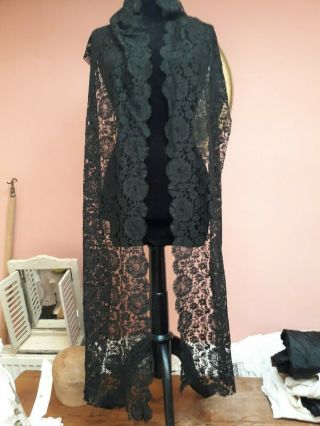 Antique Victorian Black Lace Vintage Cotton Floral Large 108x14 " Sewing Craft