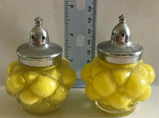 Antique Lamp Glass Salt Pepper Shakers Bulging Petal Yellow Opaque 3”