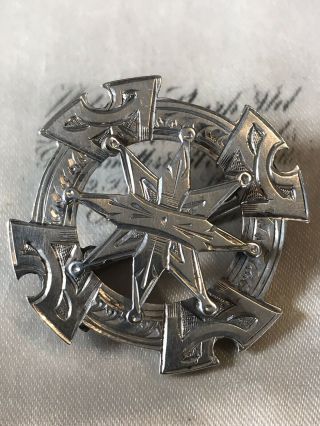 Antique Victorian Edwardian Engraved 3d Starburst Sterling Silver Brooch /pin