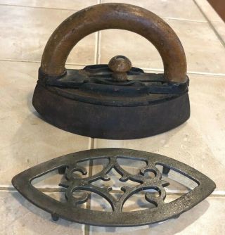 Antique Sad Iron With Wood Handle & Iron Rest,  4 3/4 " Long