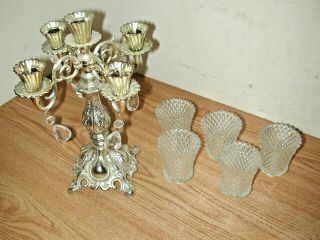VINTAGE VICTORIAN STYLE SILVER PLATED 5 - CANDLE CANDELABRA STAND W/ GLASS HOLDERS 2