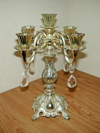 VINTAGE VICTORIAN STYLE SILVER PLATED 5 - CANDLE CANDELABRA STAND W/ GLASS HOLDERS 3