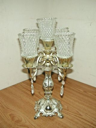 VINTAGE VICTORIAN STYLE SILVER PLATED 5 - CANDLE CANDELABRA STAND W/ GLASS HOLDERS 6