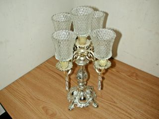 VINTAGE VICTORIAN STYLE SILVER PLATED 5 - CANDLE CANDELABRA STAND W/ GLASS HOLDERS 7