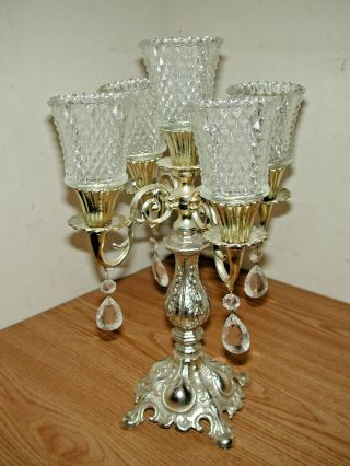 VINTAGE VICTORIAN STYLE SILVER PLATED 5 - CANDLE CANDELABRA STAND W/ GLASS HOLDERS 8