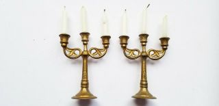 Antique Gilt Metal Fancy 3 Arm Candelabras With Real Wax Candles