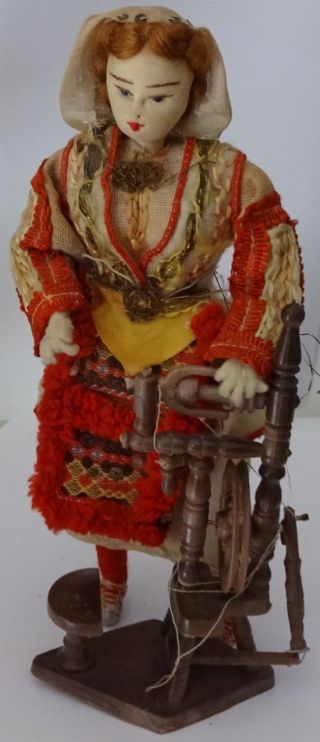 Vintage Doll In Serbian Folk Costume With Spinning Wheel.  1950.