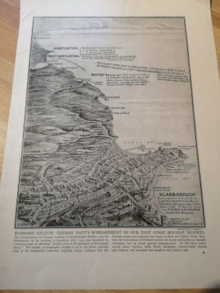 Wwi Antique Print Map Showing German Warship Attack On Scarborough,  Whitby 1914