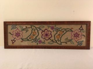 Antique Floral Embroidered Wall Hanging Wood Frame Victorian