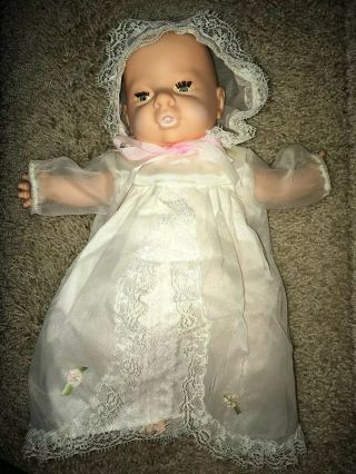 Vintage Baby Doll 12” Tall Uneeda Eyelashes Clothing Dress Bonnet Lace