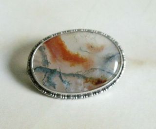 Antique Victorian Scottish Sterling Silver Moss Agate Brooch