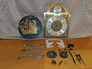 Antique Tempus Fugit Grandfather Clock Movement,  Face,  Hands,  Chains,  Screws