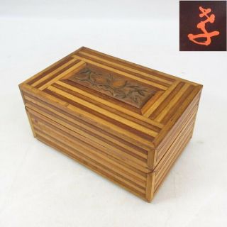 A352: Japanese Bamboo And Lacquer Ware Tea Box Chabako With Good Relief Of Peach