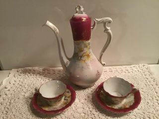Antique GERMAN Royal P T Porcelain Tall CHOCOLATE or COFFEE POT w/2 Cups/Saucers 2