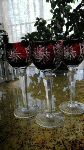 Antique Bohemian Cut To Clear 3 Tall Wine Goblets -