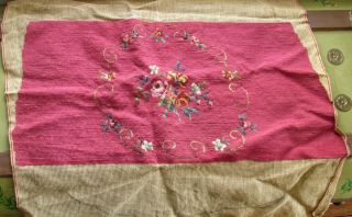 Antique Handmade Needlepoint Floral Tapestry Hiawatha Chair Cover Dark Pink