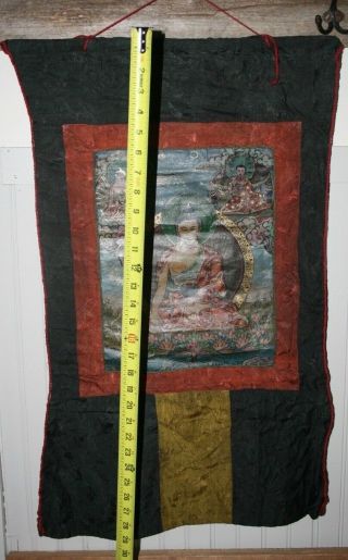 ANTIQUE PAINTED TIBETAN CHINESE NEPAL THANGKA TAPESTRY PANEL SCROLL SIGNED 2 3