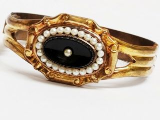 Antique Victorian Gold Plate Black Onyx Faux Pearl Cartouche Hinged Bracelet