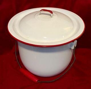 Antique Vintage White Enamel Cooking/stock Pot W/ Lid & Handle,  Red Trim
