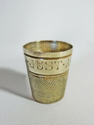 Vintage Antique Brass Novelty Shot Glass Just A Thimble Full Measure Drinking