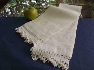 Antique Spa Chic Textured Damask Huck Linen Bath Show Towel Crochet Trim 20x40