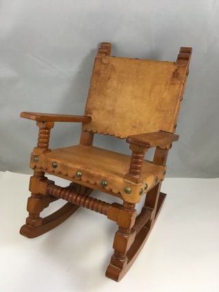 Vintage Handmade Wood & Leather Rocking Chair For Dolls Toy Decor