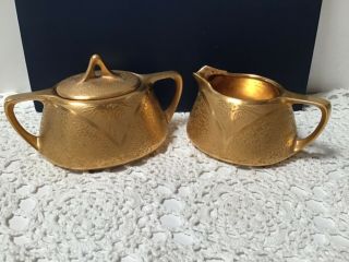 Antique Art Deco Creamer/lidded Sugar Bowl W/2 Handles Heavy Gold Encrusted.