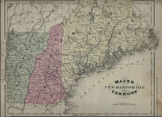 Maine Hampshire & Vermont 1866 Color Map 12 X 10 Color Map Mcnally