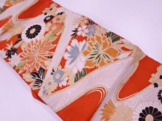 89910 Japanese Kimono / Antique Nagoya Obi / Woven Stream & Flower
