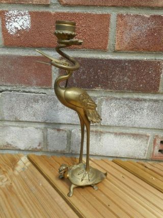 Japanese Antique Bronze Crane Eating A Snake Candlestick Standing On Turtle