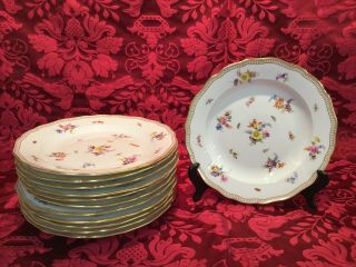 1 Of 12 ANTIQUE Meissen Flowers Insects Gilt Rim 10” dinner plate crossed swords 2