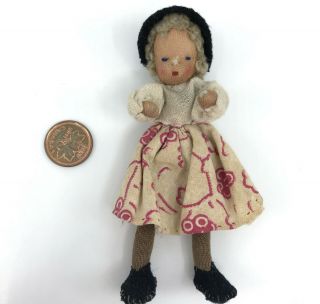 Erna Meyer Dollhouse Doll Girl Child 4in 1940s Germany Flexible Stockinette Vtg