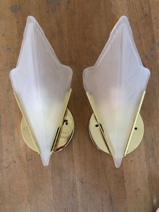 Pair Vtg Art Deco Frosted Glass Slip Shade Ornate Shiny Bright Brass Wall Sconce