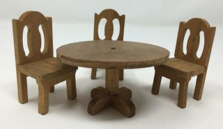Vintage Dollhouse Miniature Wood Table & 3 Chairs Strombecker Kage Era Furniture
