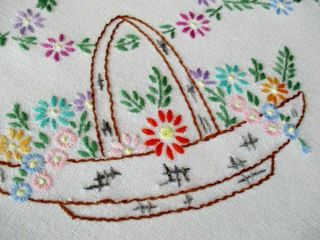 Vintage Tablecloth Hand Embroidered With Baskets Of Flowers