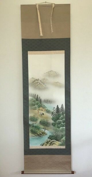 Japanese Hanging Scroll Kakejiku Landscape Hand Paint Silk Stamp Antique B157