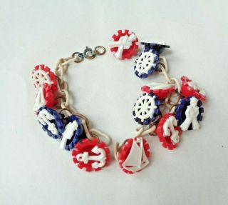 Antique Celluloid Patriotic Navy Nautical Red White Blue Button Charm Bracelet