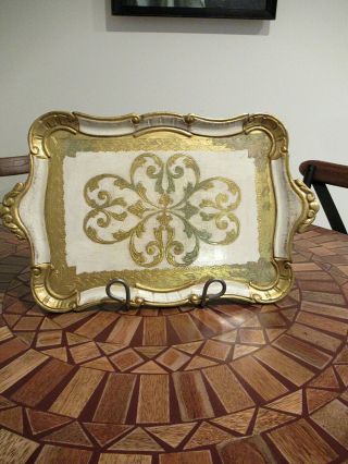 Vtg Italian Florentine Toleware Gilded Gold Gilt Tray Florence - Made In Italy
