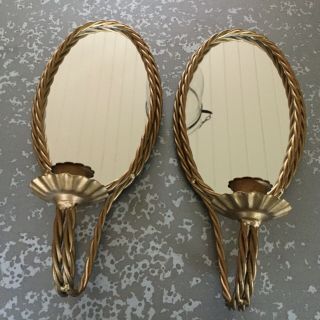 Vintage Mcm Set Of 2 Mirror Candle Wall Sconce Twisted Rope Antique Gold Frame