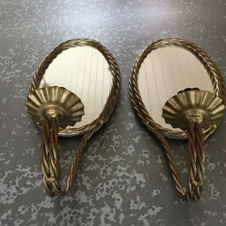 Vintage MCM Set of 2 Mirror Candle Wall Sconce Twisted Rope Antique Gold Frame 2