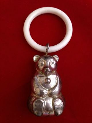Vintage Mrkd Wmf Silverplate Teddy Bear Baby Rattle Teething Ring