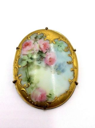 Antique Porcelain Hand Painted Roses Brooch Or Pendant